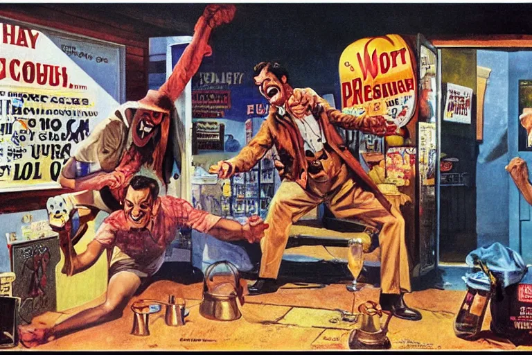 Prompt: a picture of a laughing subgenius - salesman punching a hippie! in the belly, a detailed matte painting by mort kunstler, pixiv, kitsch movement, comic book store background, movie poster, official art