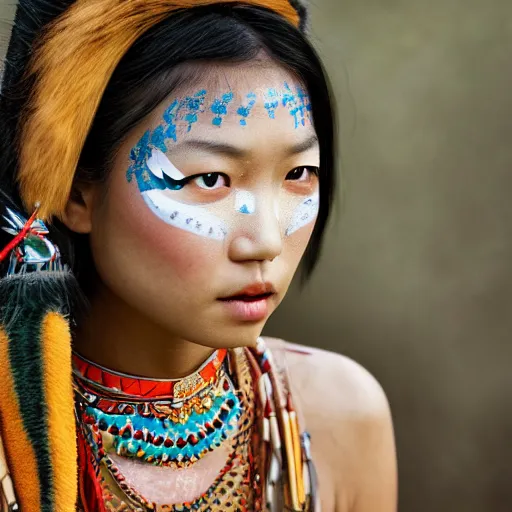 Image similar to portrait of a stunningly beautiful asian tribal female, small amount of traditional facepainting, depth of field, zeiss lens, detailed, symmetrical, centered, fashion photoshoot, by Annie Leibovitz and Steve McCurry, David Lazar, Jimmy Nelsson, Breathtaking, 8k resolution, extremely detailed, beautiful, establishing shot, artistic, hyperrealistic, beautiful face, octane render