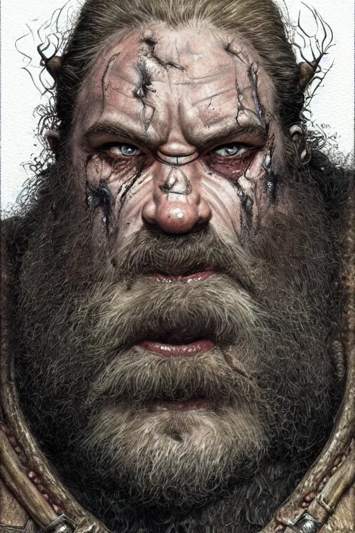 Image similar to head and shoulders portrait of a dwarf adventurer, scarred lip, grandfatherly, leather armor, male, high fantasy, d & d, by donato giancola, face details, extremely detailed, digital illustration