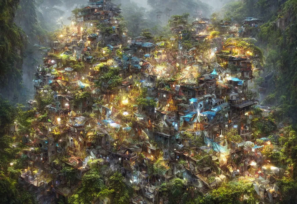 Prompt: photorealistic symetric favela rio in middle of jungle and mountains by ellen jewett, tomasz alen kopera and Justin Gerard