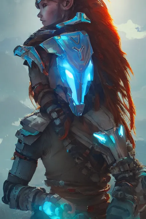 Image similar to combination suit armor aloy horizon forbidden west horizon zero dawn radiating a glowing aura global illumination ray tracing hdr fanart arstation by ian pesty and alena aenami artworks in 4 k tribal robot ninja mask helmet backpack