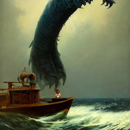 Prompt: an enormous eldritch sea monster peaking it's gigantic head out of the ocean in front of a tiny lifeboat with two children. detailed. photo realistic. masterpiece. john charles dollman. rhads. tianhua xu.