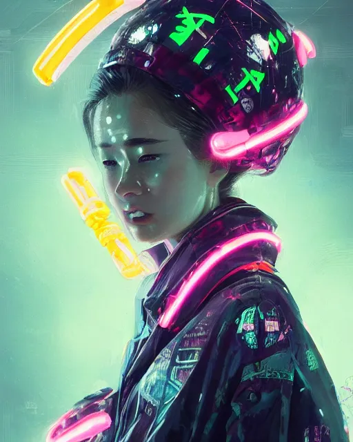 Prompt: detailed portrait Neon cleaner Girl, cyberpunk futuristic neon, reflective puffy coat, decorated with traditional Japanese ornaments by Ismail inceoglu dragan bibin hans thoma greg rutkowski Alexandros Pyromallis Nekro Rene Maritte Illustrated, Perfect face, fine details, realistic shaded, fine-face, pretty face