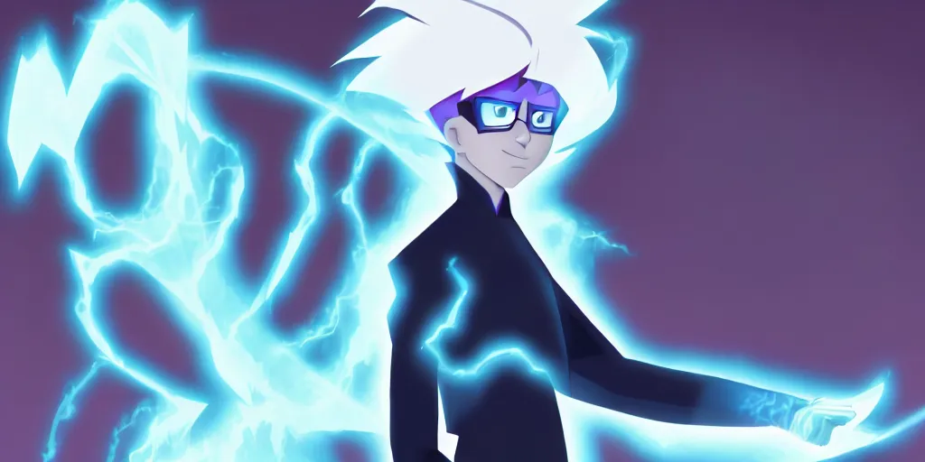 Prompt: a mage that looks like danny phantom he is at his desk working on a new spell that is casting out flowing energy, colorful, flowing energy, light rays, consistent face, medium shot, waist up, pixar and disney animation, sharp, concept art, highly detailed, bloom, dramatic lighting, cinematic