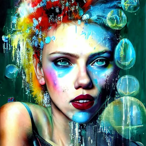 Image similar to scarlett johansson as delirium from sandman, ( hallucinating colorful soap bubbles ), by jeremy mann, by sandra chevrier, by jean giraud and maciej kuciara, punk rock, tank girl, high detailed, 8 k