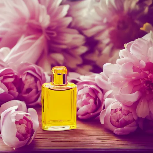 Image similar to perfume bottle sitting on a pile of pale pink and yellow flowers close shot, light pink background, softly - lit, soft - femme, zen, light, modern minimalist f 2 0 clean