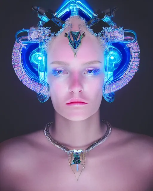 Image similar to natural light, soft focus portrait of a android with soft synthetic pink skin, blue bioluminescent plastics, smooth shiny metal, elaborate diamond ornate head piece, piercings, face tattoo, skin textures, by annie liebovotz, paul lehr,