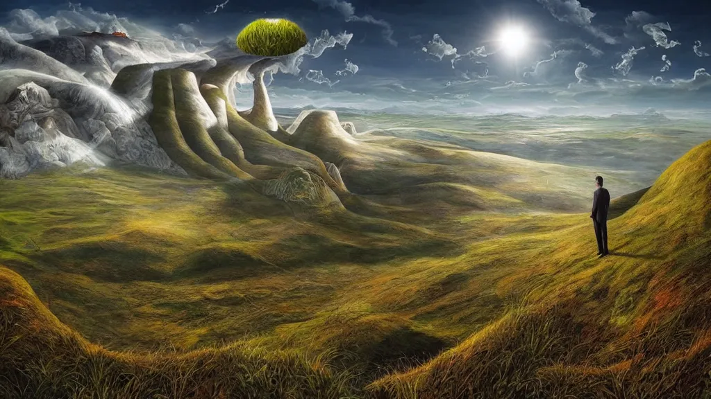 Prompt: surreal yorkshire landscape with anthropomorphic!! terrain!!! in the styles of igor morski, jim warren, and rob gonsalves, intricate, hyperrealistic, volumetric lighting, serene, imaginative