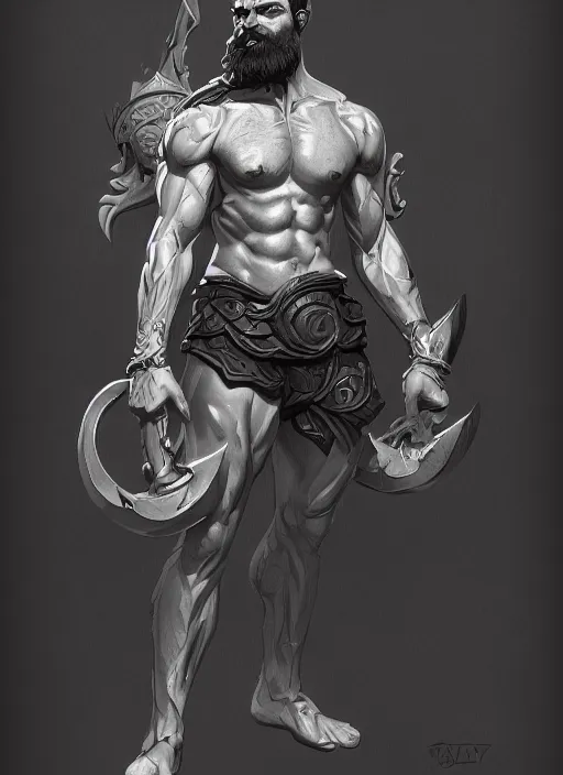 Prompt: a highly detailed illustration of shirtless bearded short haired god, heroically flexing perseus pose, muscular, intricate, elegant, highly detailed, centered, digital painting, artstation, concept art, smooth, sharp focus, league of legends concept art, WLOP