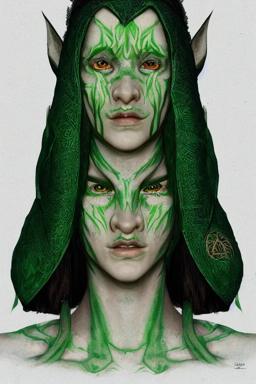 Prompt: a portrait of half elf warlock, beautiful and symmetrical, non binary, wearing green robes, high detail, trending on artstation, 4k