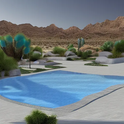 Image similar to architectural rendering of biophilia building in the desert, biomimetry, pool, garden