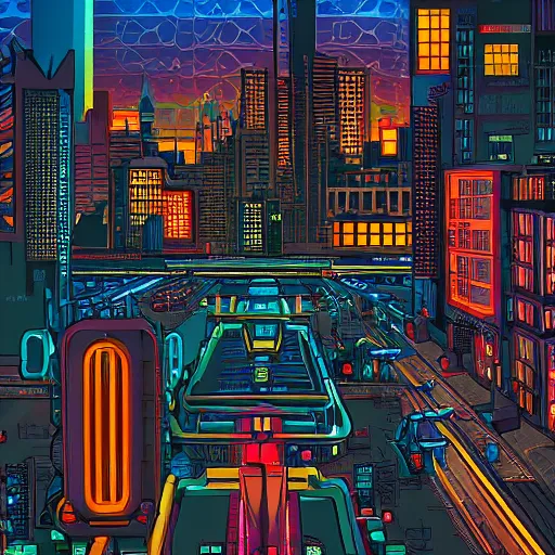 Prompt: retrofuturistic cityscape by Daarken