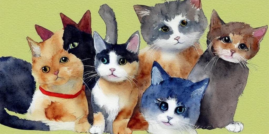 Image similar to watercolor illustration style, cute! cats!! training!