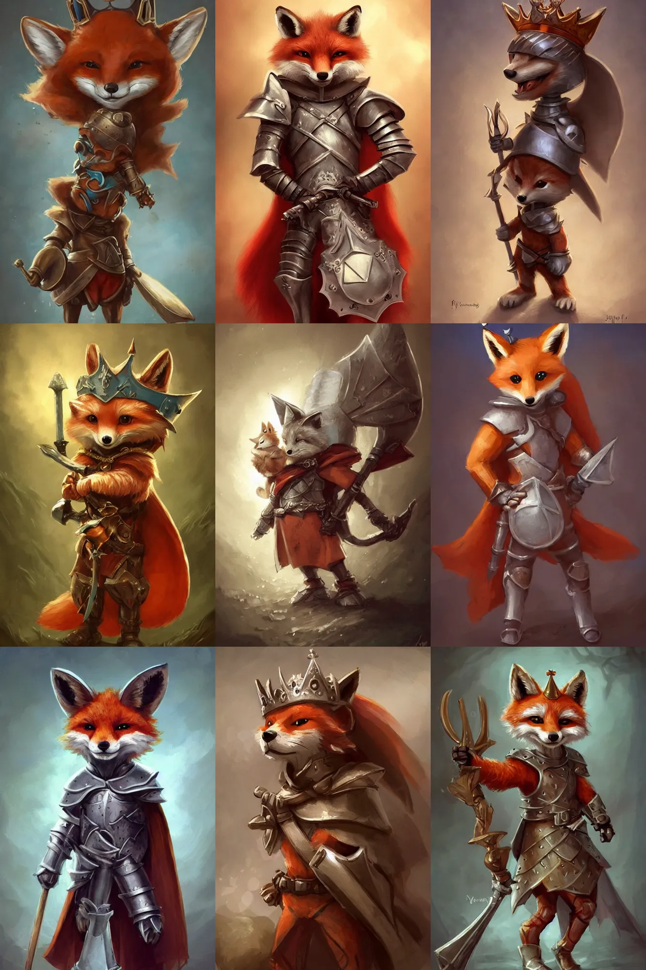 Image similar to cute little anthropomorphic foxy knight wearing a cape and a crown, tiny, small, miniature fox, baby animal, short, pale blue armor, cute and adorable, pretty, beautiful, DnD character art portrait, matte fantasy painting, DeviantArt Artstation, by Jason Felix by Steve Argyle by Tyler Jacobson by Peter Mohrbacher, cinematic lighting