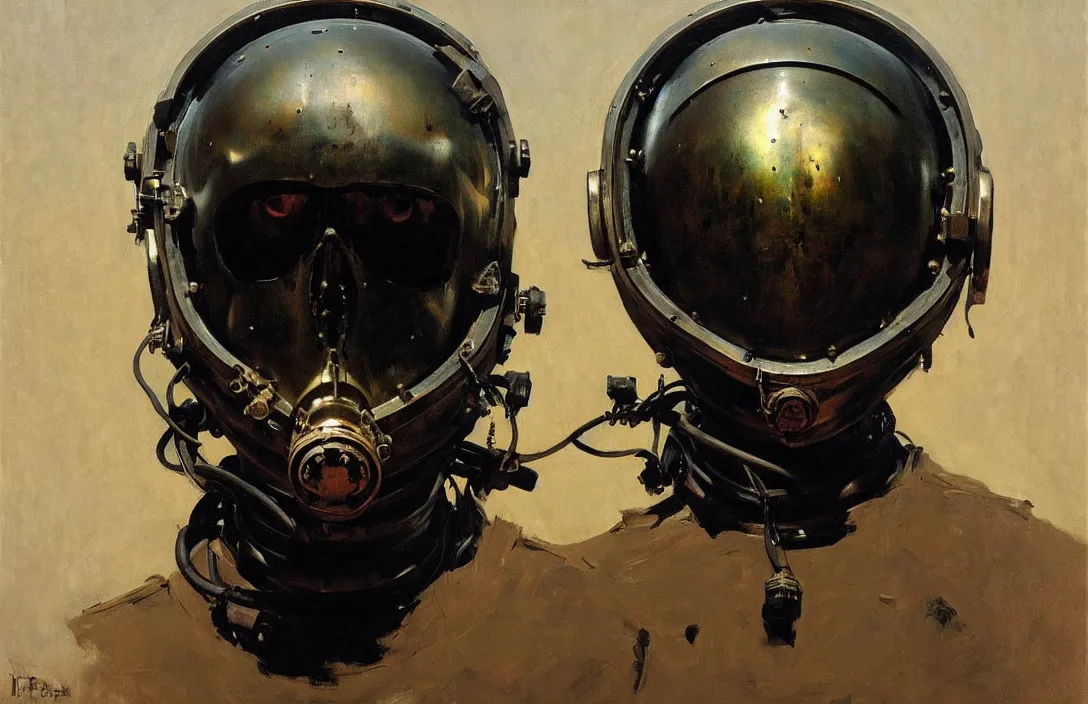 Image similar to portrait of deep sea diver helmet!!!!!!!!!!!!!!!!!!!!!!!!!!!, detailed skull face, detailed painting, epic lighting, by ilya repin, phil hale and kent williams