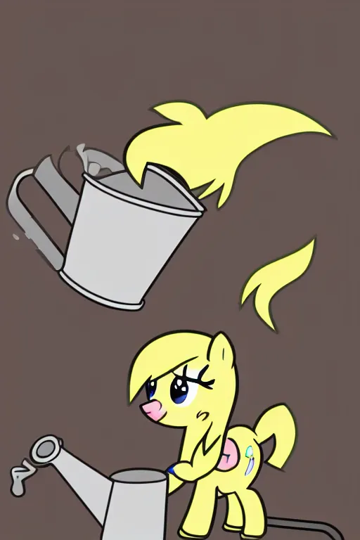 Prompt: Derpy Hooves is dousing a server fire using a watering can