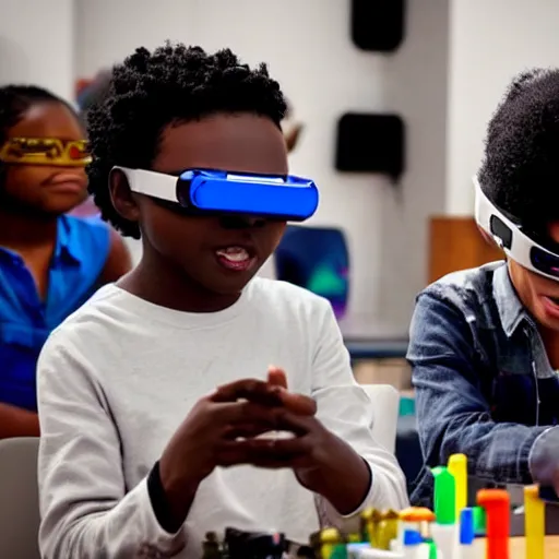 Prompt: a black boy kid using a diy vr glasses arduino, a black girl kid scientist is constructing a robot in the background