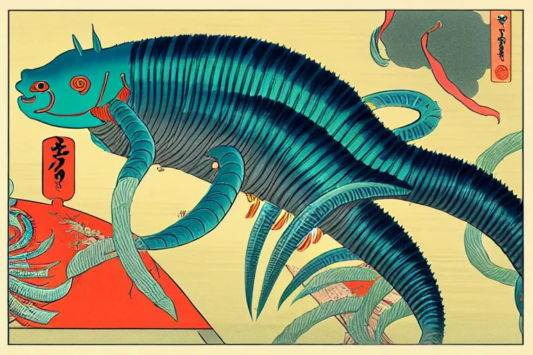 Image similar to ukiyoe painting of cambrian era anomolocarus, trending on artstation