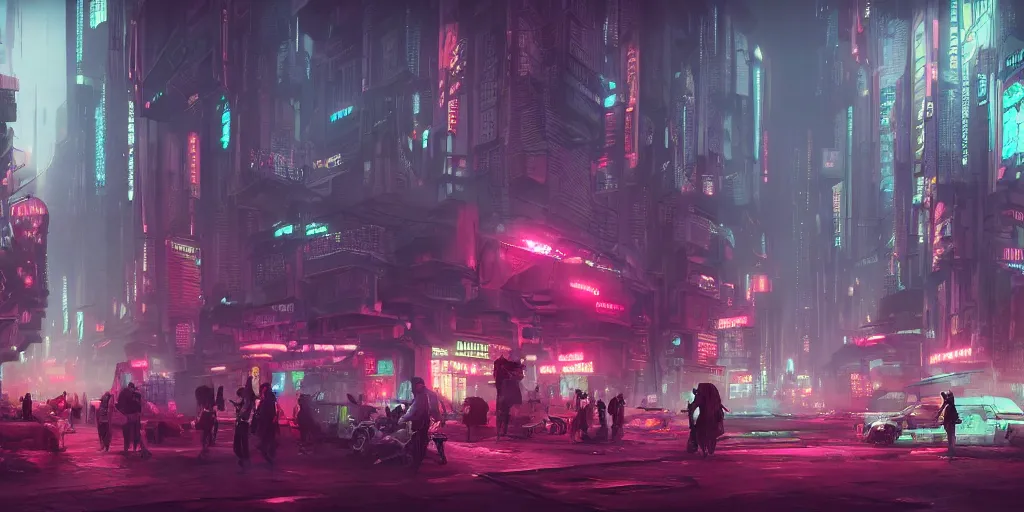 Prompt: matte painting environment design of dystopian cyberpunk city with neon lights, people on the streets being monitored by drones, trending on artstation, painted by dreadjim, eddie mendoza, james paick, zeen chin, 4k, octane render