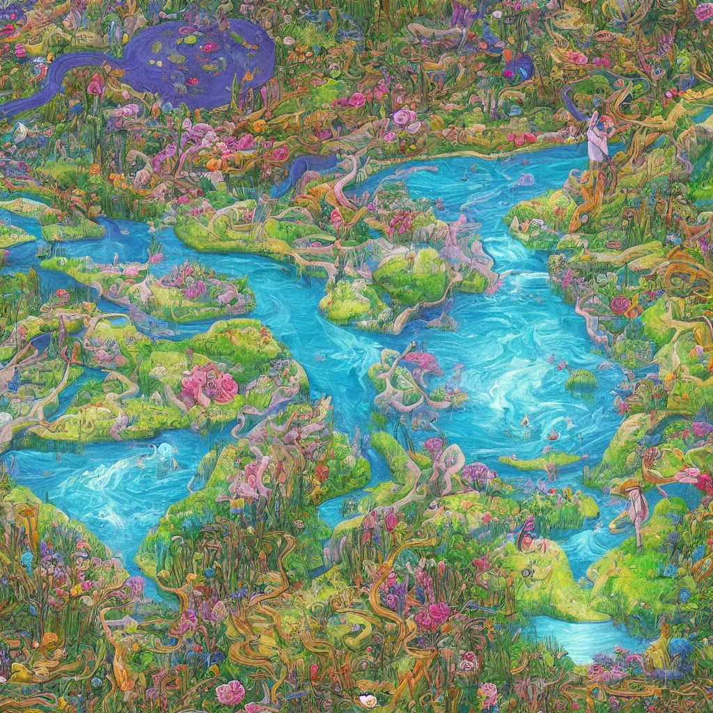 Prompt: surrealist painting with a river running through the middle going off into the infinite distance with a girl throwing rocks into the river with whimsical trees and flowers and scenery, 8 k, trending on artstation, illustration, mixed collage media, hyper detailed, simple lines, warm epic colors