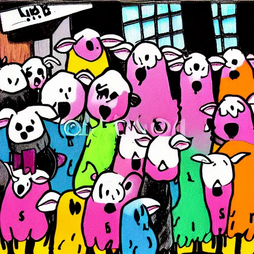 Image similar to the cult of lamb, colorful, cartoon, dark