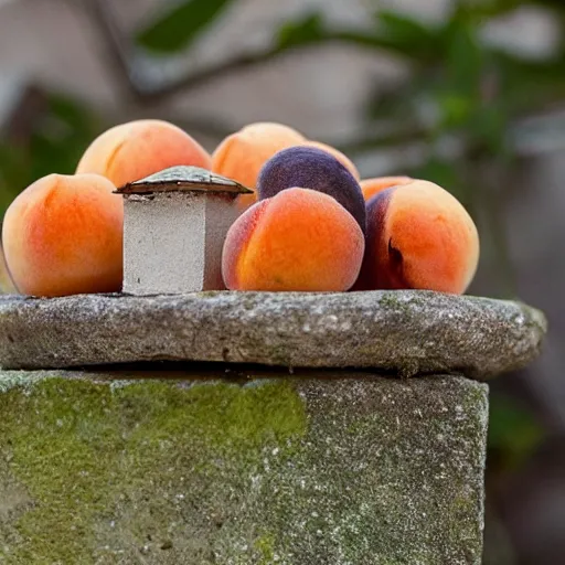 Prompt: a tiny village inside a wallnut made of tiny peaches