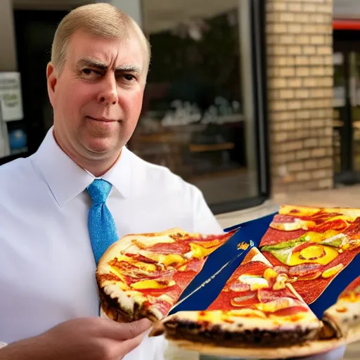 Image similar to a beautiful portrait of prince andrew outside a pizza hut on a school trip, travel, party, fun, colourful, 4 k,