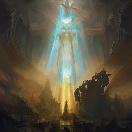 Prompt: god emperess kim yo jong in the style of craig mullins, greg rutkowski, peter mohrbacher, and drew struzan. epic, majestic, awe inspiring, god rays, fissures, divine, church painting, intricate armor, extreme detail, high octane,