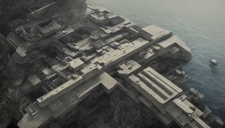 Image similar to big brutalist military base on cliffs, drawing architecture, sea, very long shot, top angle, pritzker architecture prize, science fiction, control the game, brutalism, earthbound, jan urschel