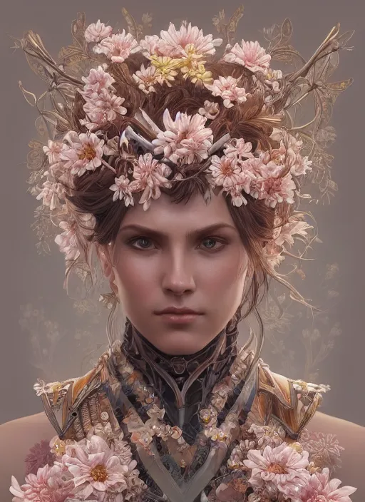 Image similar to symmetry!! portrait of floral! horizon zero dawn machine, intricate, elegant, highly detailed, digital painting, artstation, concept art, smooth, sharp focus, illustration, art by artgerm and greg rutkowski and alphonse mucha, 8 k