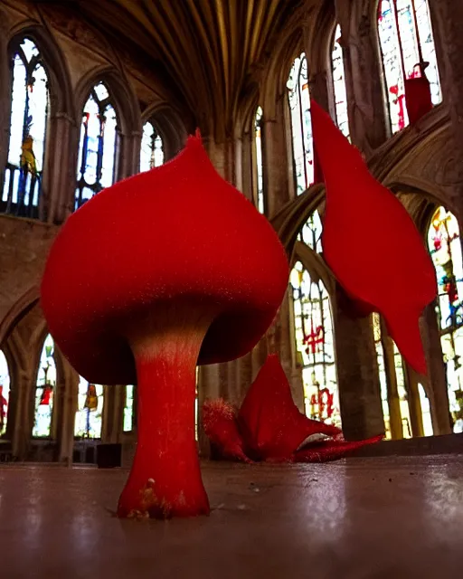 Prompt: inside the cathedral, a red mushroom grows on the thorns on the ground inside the church