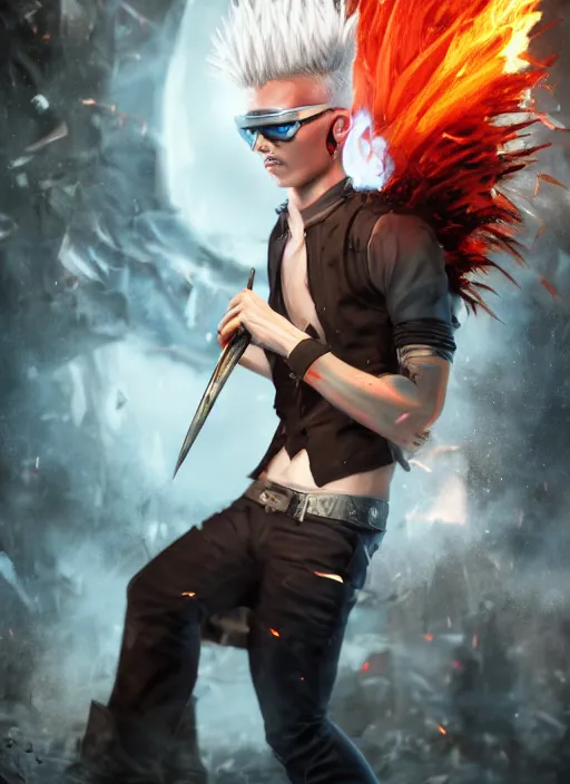 Image similar to An epic fantasy comic book style portrait painting of young man with long red spiked hair. Wearing a black waistcoat, white shirt, using googles. Blasting fire on his hands. Unreal 5, DAZ, hyperrealistic, octane render, cosplay, RPG portrait, dynamic lighting