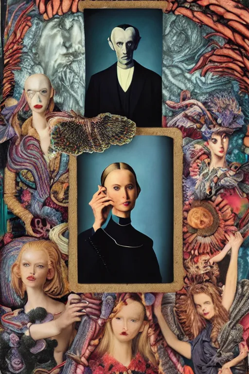 Prompt: instax of American Gothic from Vogue editorial fashion photography, dressed by Givenchy and Salvatore Ferragamo, haute couture painted by Andrea Pozzo, still frame of Pan's Labyrinth and Prometheus by Guo Jian and Yue Minjun, in lush brain coral femur by Javier Medellin Puyou