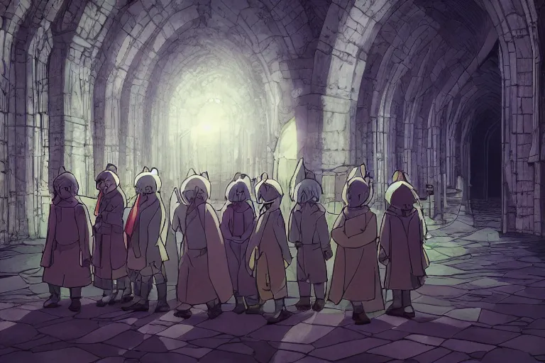 Image similar to cell shaded anime key visual of a group of eskimos in an underground gothic cathedral in the style of studio ghibli, moebius, makoto shinkai, dramatic lighting