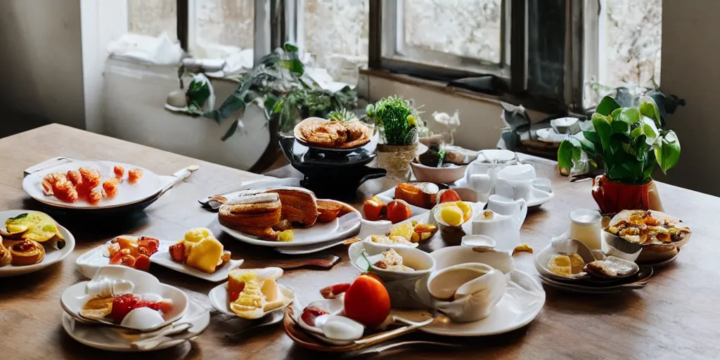 Prompt: a table with a delicious breakfast, morning light