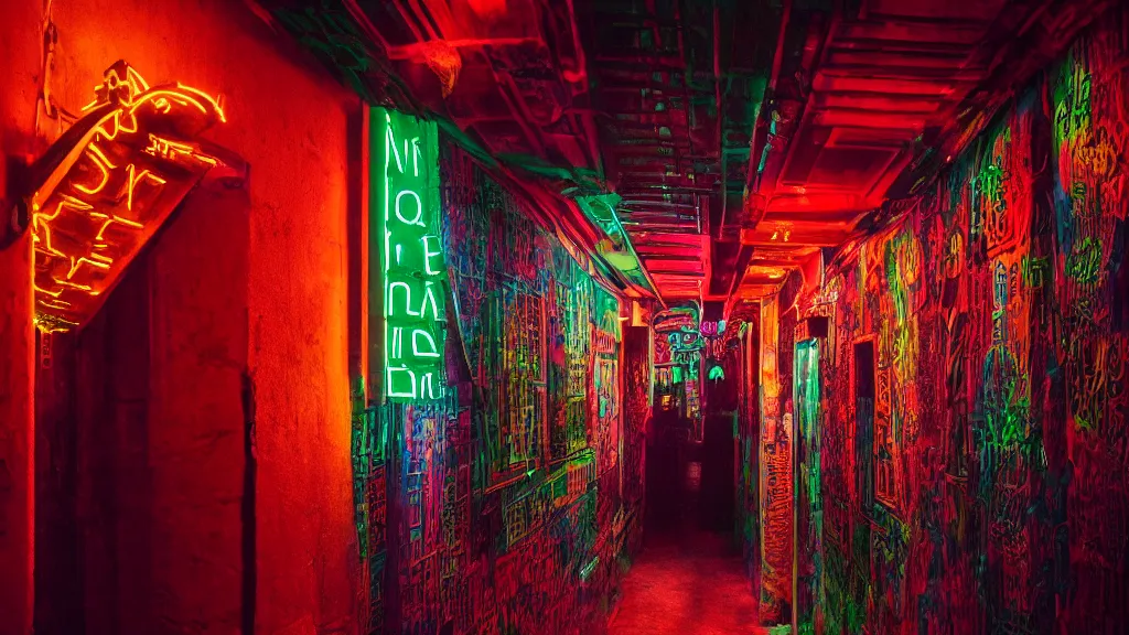 Prompt: detailed photograph of a extremely narrow nightclub hallway with a ( ( neon ) ) sign, aztec architecture, dimly lit