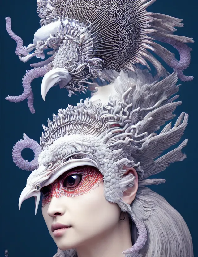 Image similar to 3 d goddess close - up profile portrait with crown, ram skull. beautiful intricately detailed japanese crow kitsune mask and clasical japanese kimono. betta fish, jellyfish phoenix, bio - luminescent, plasma, ice, water, wind, creature, artwork by tooth wu and wlop and beeple and greg rutkowski