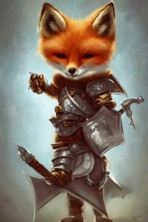 Image similar to cute little anthropomorphic foxy knight wearing a cape and a crown, tiny, small, miniature fox, baby animal, short, pale blue armor, cute and adorable, pretty, beautiful, DnD character art portrait, matte fantasy painting, DeviantArt Artstation, by Jason Felix by Steve Argyle by Tyler Jacobson by Peter Mohrbacher, cinematic lighting