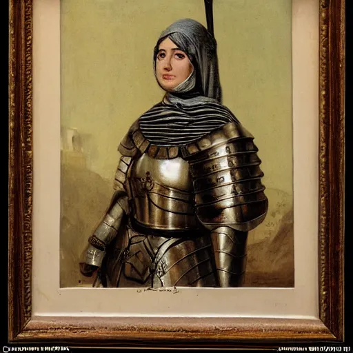 Prompt: portrait of a proud female Arabic knight wearing plate armor, by Charles Sillem Lidderdale, 4k, brilliant, painterly, realism