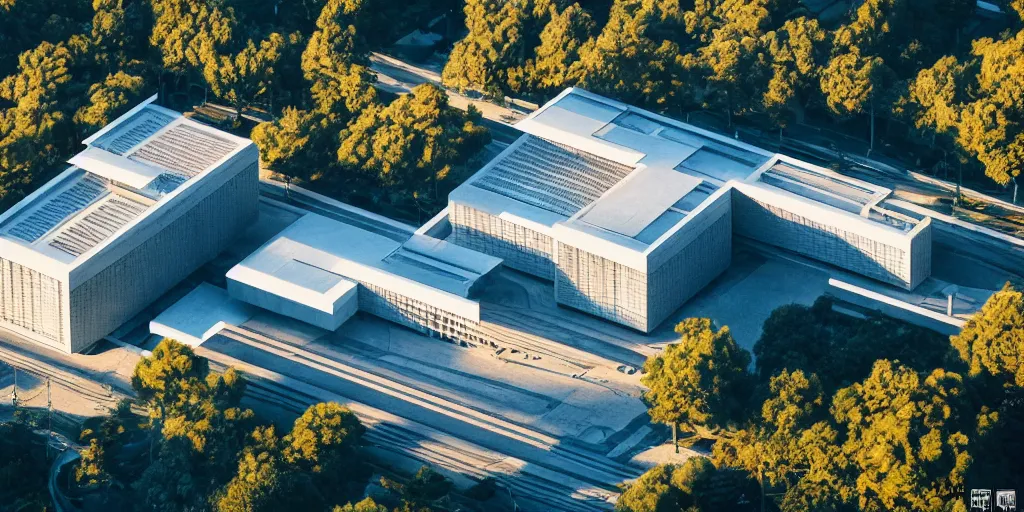 Prompt: aerial view of haruki murakami library, rendering style, detailed, toned in the morning sun