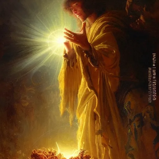 Image similar to a handsome young man with curly brown hair summons a ball of light into his hand. dramatic. cinematic. holy. saintly. demigod. lord of light. gaston bussiere. geoffroy thoorens