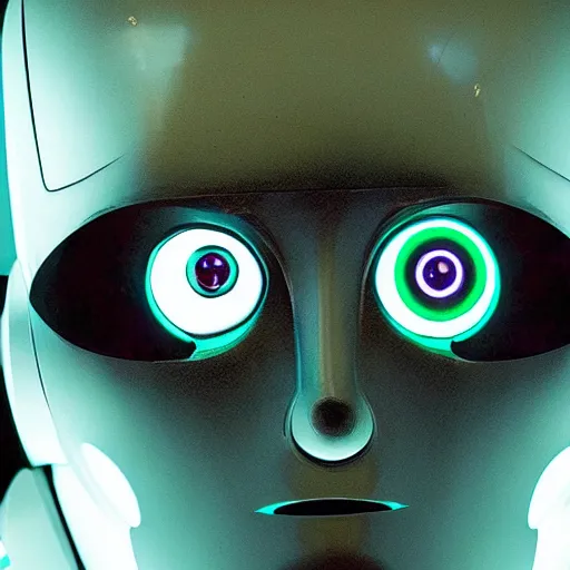 Prompt: [Robot(ian) { eyes(huge + luminous +glowing) }]