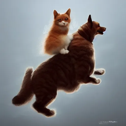 Image similar to fluffy cat riding on top of a corgi, realistic, portrait, intricate, detailed, volumetric lighting, scenery, digital painting, highly detailed, artstation, sharp focus, illustration, concept art, ruan jia, steve mccurry