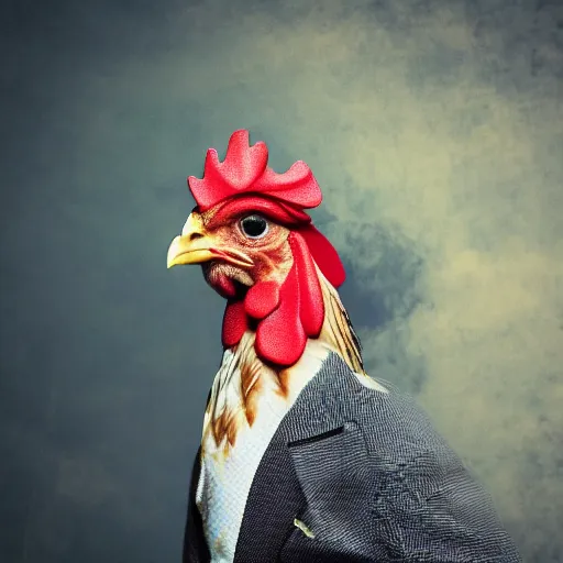 Image similar to a high quality photo of a chicken wearing a suit, 8k, digital art