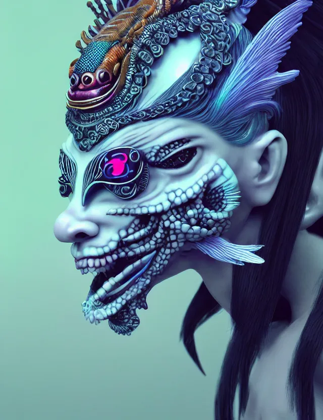 Image similar to 3 d goddess close - up profile simple portrait punk with mohawk with goat skull. beautiful intricately detailed japanese crow kitsune mask and clasical japanese kimono. betta fish, jellyfish phoenix, bio luminescent, plasma, ice, water, wind, creature, artwork by tooth wu and wlop and beeple and greg rutkowski