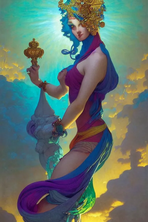 Image similar to portrait of a beautiful sorceress, vivid color, complementary color, golden ratio, detailed, sharp lines, sharp focus, intricate, rainbowshift, by maxfield parrish, by peter mohrbacher, by gustave dore, by artgerm, by alphonse mucha, deviantart, octane render