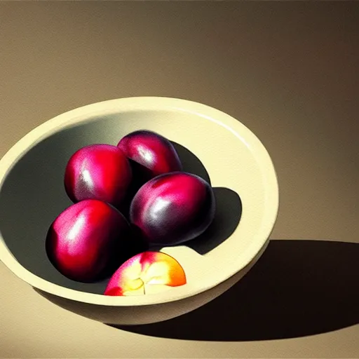 Image similar to concept art of a single bowl filled with a few moist freshly picked plums on a wooden table. painting, illustration, volumetric lighting, highly detailed, small scale, art, trending on artstation.