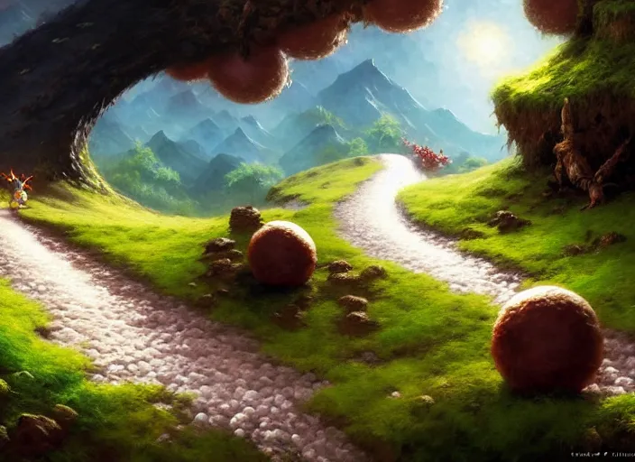 Prompt: magic : the gathering fantasy concept art of cute riceballs bouncing down a mountain path, by franz frazetta, high resolution, rice granules scattered all around, balls of rice, bouncing, fantasy coloring, intricate, digital painting, artstation, smooth, sharp focus