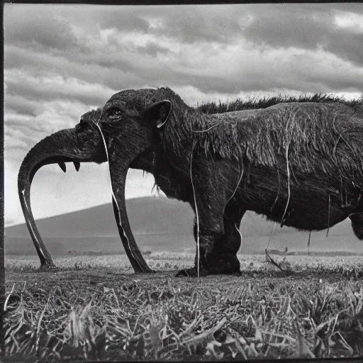 Image similar to A troll lumbers across a field. In its wake, it leaves a swath of destruction that looks like an angry god's handiwork. A few dozen meters out, it turns and bellows at them, revealing long tusks jutting from its lower jaw.