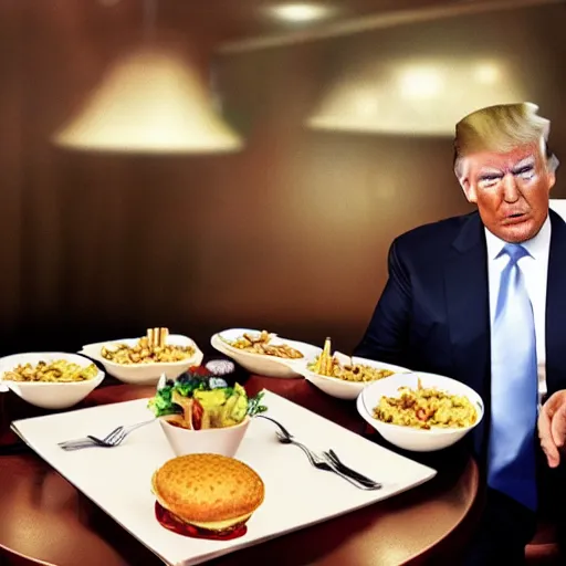 Prompt: Donald Trump eating McDonalds at a table, night vision, trail cam footage